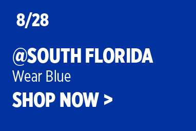 Boise State Football promotional graphic on a royal-blue background. Large white text reads: '8/28 @ South Florida' with subtext 'Wear Blue' and a 'SHOP NOW >' callout.