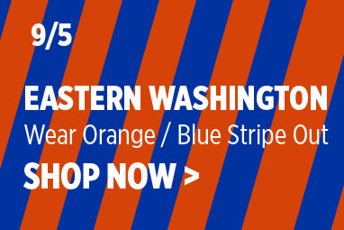 Boise State Football graphic with bold diagonal orange and blue stripes. White text reads: '9/5 Eastern Washington' with subtext 'Wear Orange / Blue Stripe Out' and 'SHOP NOW >'.
