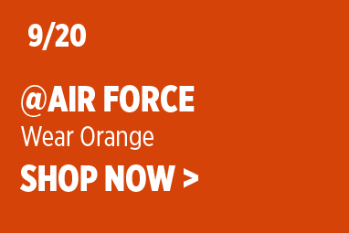 Boise State Football graphic on a solid orange background. White text reads: '9/20 @ Air Force' with subtext 'Wear Orange' and 'SHOP NOW >'.