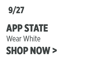 Boise State Football graphic on a clean white background. Dark text reads: '9/27 App State' with subtext 'Wear White' and 'SHOP NOW >'.