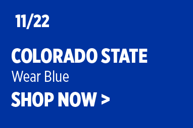 Boise State Football promotional graphic on royal-blue background. Bold white text reads: '11/22 Colorado State' with subtext 'Wear Blue' and 'SHOP NOW >'.
