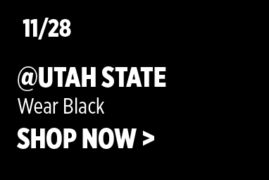Boise State Football graphic on a solid black background. White text reads: '11/28 @ Utah State' with subtext 'Wear Black' and 'SHOP NOW >'.