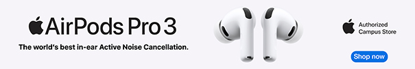 Mobile Apple AirPods Pro 3 banner promoting in-ear Active Noise Cancellation. Click to shop Apple audio products at the Bronco Shop.