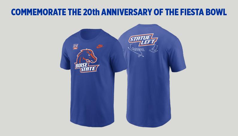 Boise State Fiesta Bowl 20th Anniversary commemorative T-shirts featuring the Broncos and Stay True Left design