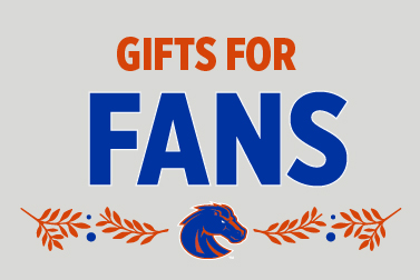 Light gray Boise State banner reading 'Gifts for Fans' with bold blue text, orange leaf accents, and the Broncos logo.