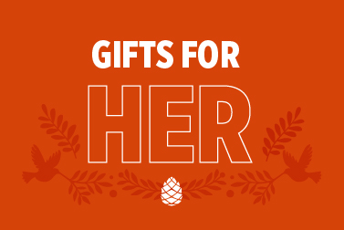 Orange Boise State holiday banner reading 'Gifts for Her' with pine branches, birds, and a pinecone illustration.