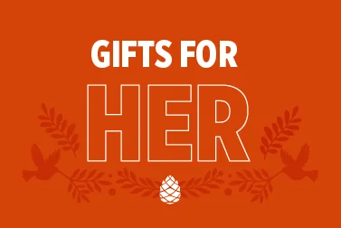 Orange Boise State holiday banner reading Gifts for Her with pine branches, birds, and a pinecone illustration.
