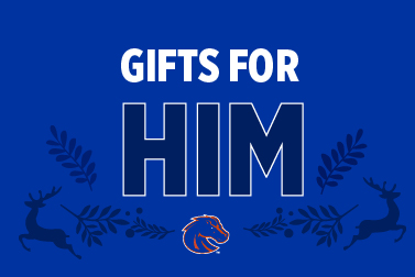 Blue Boise State holiday banner reading 'Gifts for Him' with deer, leaf accents, and the Broncos logo.