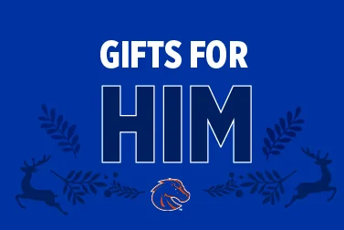 Blue Boise State holiday banner reading Gifts for Him with deer, leaf accents, and the Broncos logo.