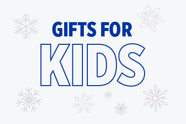 Light gray Boise State holiday banner reading 'Gifts for Kids' with blue outline letters and snowflake illustrations.