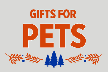 Light gray Boise State holiday banner reading 'Gifts for Pets' with bold orange text, pine branches, and blue evergreen trees.