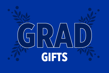 Blue Boise State banner reading 'Grad Gifts' with decorative leaves around the text.