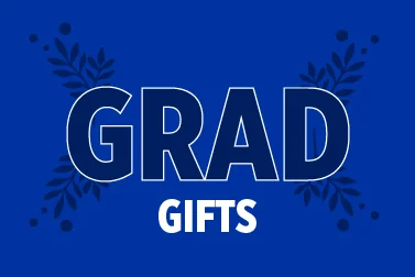 Blue Boise State banner reading Grad Gifts with decorative leaves around the text.