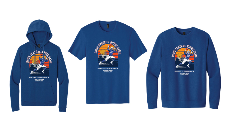 Slideshow image showing a hoodie, long sleeve tee, and short sleeve tee, with the Notre Dame game logo!
