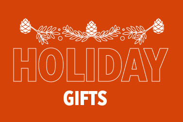 Orange Boise State holiday banner reading 'Holiday Gifts' with white pine branches and pinecone illustrations.