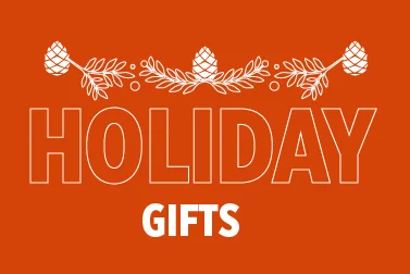 Orange Boise State holiday banner reading Holiday Gifts with white pine branches and pinecone illustrations.
