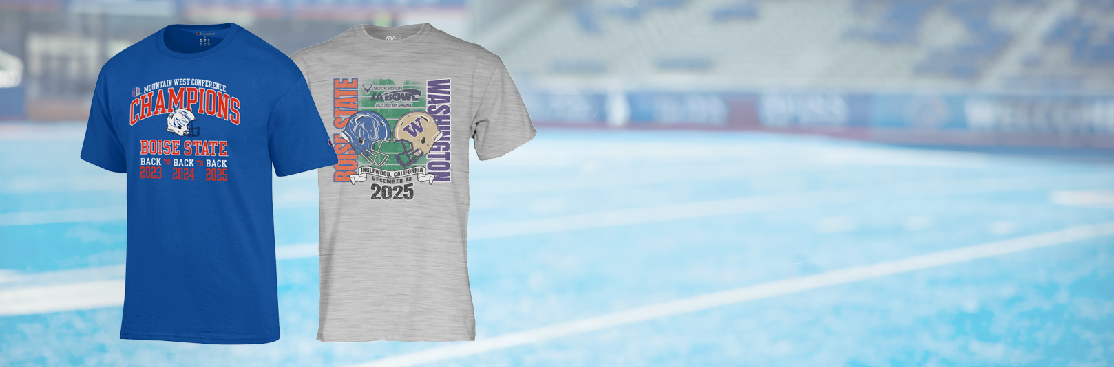 Large image showing mountain west champions and LA BOWL shirts that are available for pre-order!