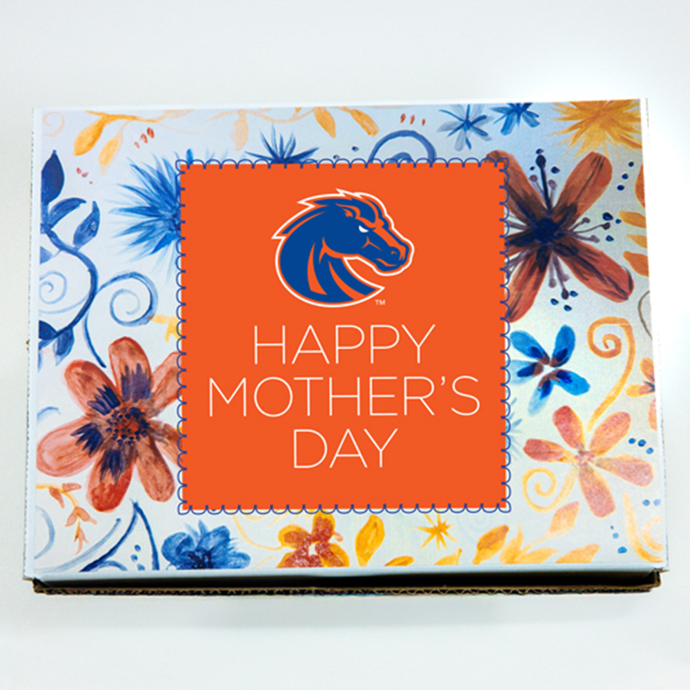 Closed Boise State Mother's Day gift box with floral artwork and Happy Mother's Day design on the lid.