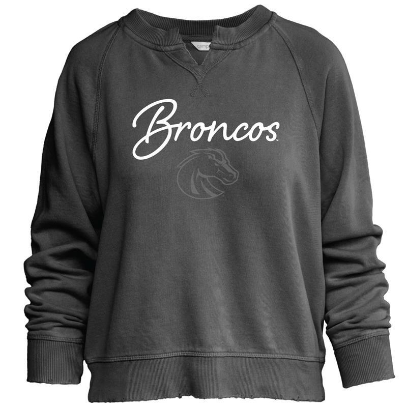Boise State Women’s Crop Crew, V-Notch, Broncos Script over Shadow Logo by Camp David, Charcoal (SKU 13436353612) Boise State Women’s Crop Crew, V-Notch, Broncos Script over Shadow Logo by Camp David, Charcoal - main view