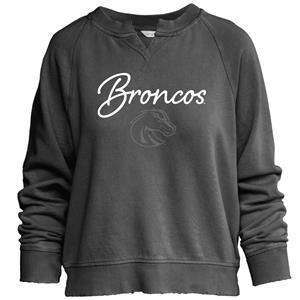 Image of Boise State Women’s Crop Crew, V-Notch, Broncos Script over Shadow Logo by Camp David, Charcoal