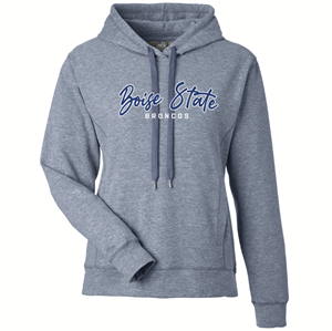 Boise State Women’s Hoodie, Script Wordmark over Broncos by J. America, Heathered Blue