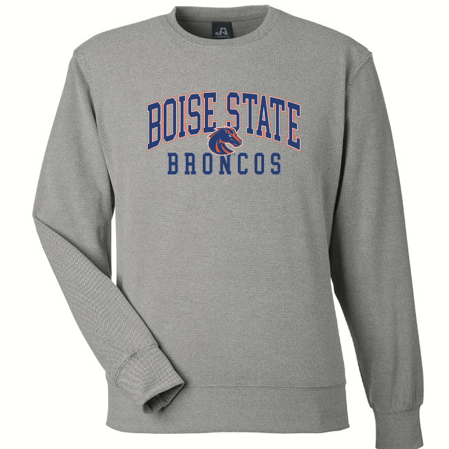 Boise State Heather Gray Crewneck Sweatshirt, Logo on Wordmark by J. America (SKU 13441739621) Boise State Heather Gray Crewneck Sweatshirt, Logo on Wordmark by J. America - main view