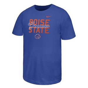Image of Boise State Royal Blue Youth Girls T-Shirt - Script Broncos Over Logo by Nike