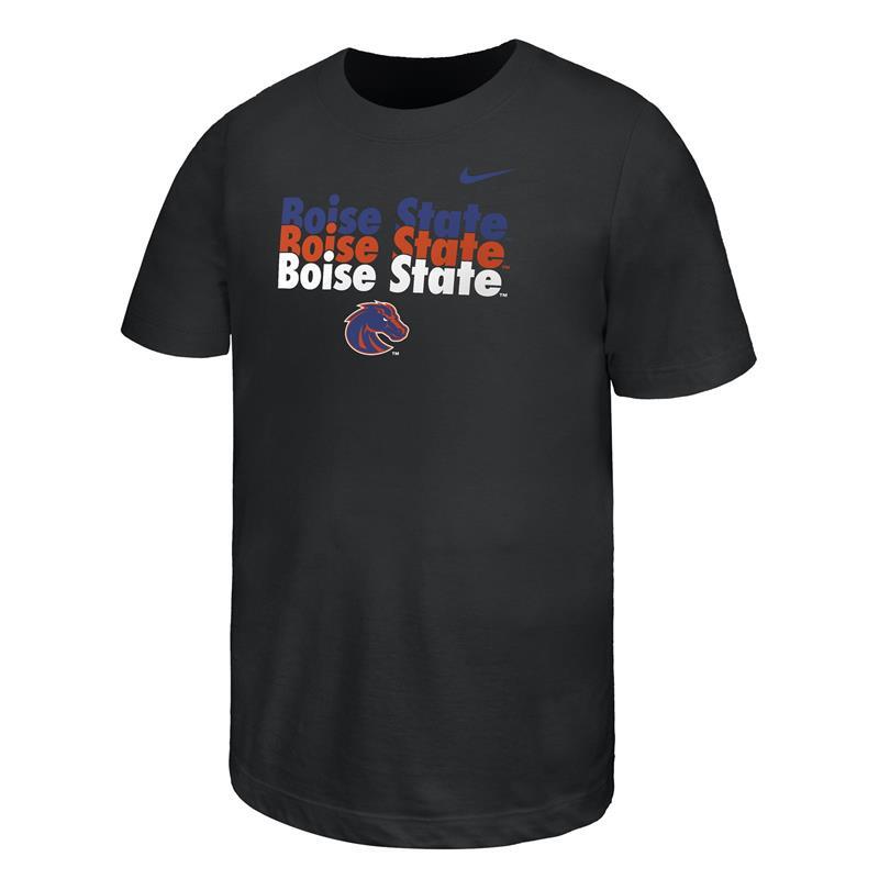 Boise State Black Youth Girls T-Shirt - Repeat Wordmark Over Logo by Nike (SKU 13428761494) Boise State Black Youth Girls T-Shirt - Repeat Wordmark Over Logo by Nike - main view
