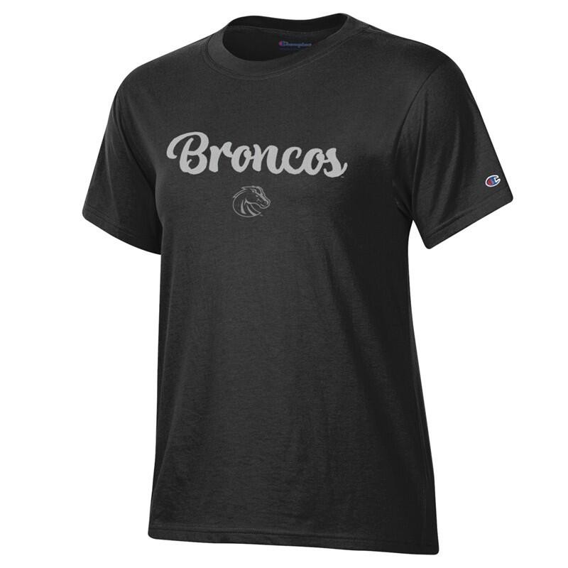 Boise State Women’s T-Shirt - Broncos Glitter Script Over Athletic Logo by Champion (SKU 13423575659) Boise State Women’s T-Shirt - Broncos Glitter Script Over Athletic Logo by Champion - main view