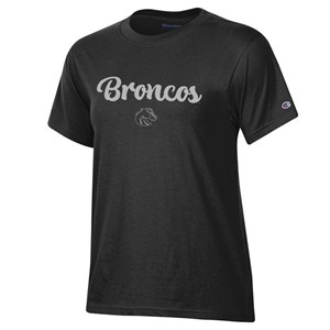 Boise State Women’s T-Shirt - Broncos Glitter Script Over Athletic Logo by Champion - main view