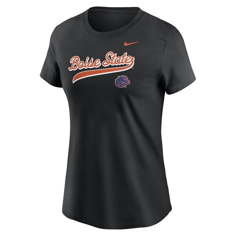 Boise State Women’s T-Shirt - Script Tail Wordmark Over Logo by Nike (SKU 13428983659) Boise State Women’s T-Shirt - Script Tail Wordmark Over Logo by Nike - main view