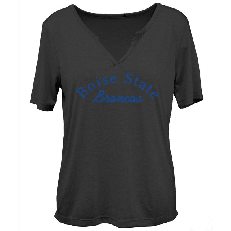 Boise State Women’s Split-Neck T-Shirt - Script Arch Graphic Black by Camp David (SKU 13462192659) Boise State Women’s Split-Neck T-Shirt - Script Arch Graphic Black by Camp David - main view