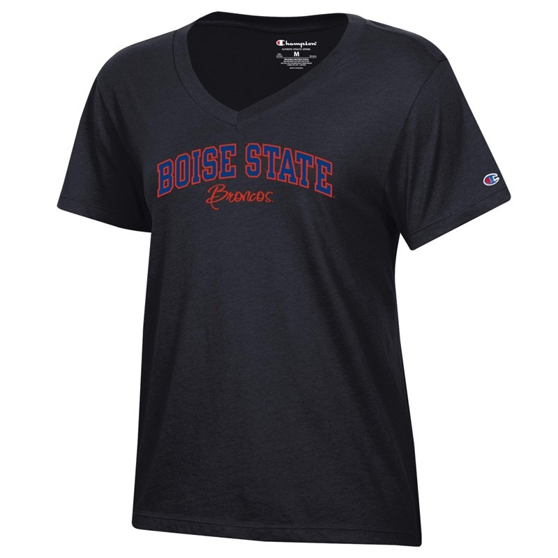 Boise State Women’s V-Neck T-Shirt - Arch Over Script Broncos by Champion (SKU 13500191659) Boise State Women’s V-Neck T-Shirt - Arch Over Script Broncos by Champion - main view