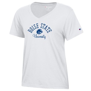 13 - Boise State Women’s V-Neck T-Shirt - Arch University Script White by Champion - main view