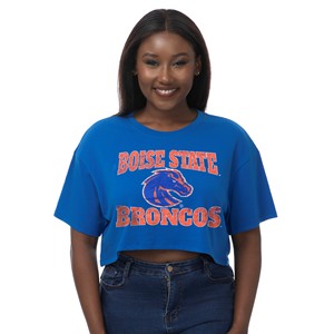 Boise State Women's Crop T-Shirt - Bronco Logo Over Broncos by ZooZatz -  royal