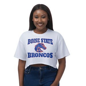 Boise State Women's Crop T-Shirt - Bronco Logo Over Broncos by ZooZatz -  white