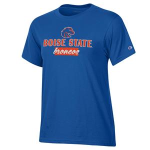 Image of BOISE STATE WOMEN TEE LOGO OVER BRONCOS IN BOX CRYSTALS -  royal