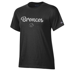 Boise State Women’s T-Shirt - Broncos Glitter Script Over Athletic Logo by Champion - black (SKU: 13423605524) Boise State Women’s T-Shirt - Broncos Glitter Script Over Athletic Logo by Champion - black