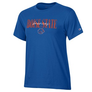 Boise State Women’s T-Shirt - Script Embroidered Broncos Over Boise State by Champion - royal (SKU: 13423483524) Boise State Women’s T-Shirt - Script Embroidered Broncos Over Boise State by Champion - royal