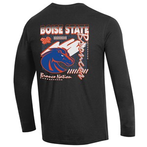 Boise State Long-Sleeve T-Shirt - Left Chest Broncos, Down-Arm Script, Back Logo by Champion - 1 (SKU: 13424312524) Boise State Long-Sleeve T-Shirt - Left Chest Broncos, Down-Arm Script, Back Logo by Champion - 1