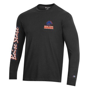 Boise State Long-Sleeve T-Shirt - Left Chest Broncos, Down-Arm Script, Back Logo by Champion - black (SKU: 13424312524) Boise State Long-Sleeve T-Shirt - Left Chest Broncos, Down-Arm Script, Back Logo by Champion - black