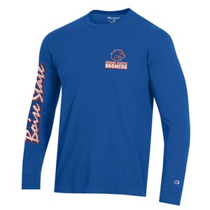 Boise State Long-Sleeve T-Shirt - Left Chest Broncos, Down-Arm Script, Back Logo by Champion - royal (SKU: 13424312524) Boise State Long-Sleeve T-Shirt - Left Chest Broncos, Down-Arm Script, Back Logo by Champion - royal