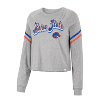 Boise State Women Ls Tee Crop Script Wordmark Stripe Slvs