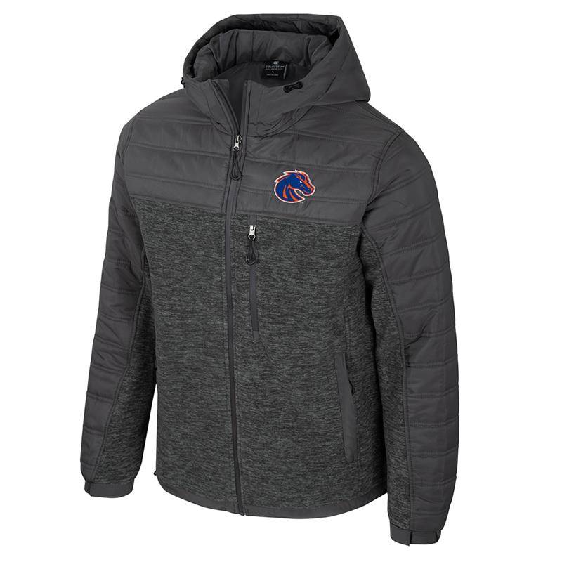 Boise State Charcoal Hooded Puffer Jacket - Bronco Head Chest, Back Wordmark by Colosseum (SKU 13400392496) Boise State Charcoal Hooded Puffer Jacket - Bronco Head Chest, Back Wordmark by Colosseum - main view