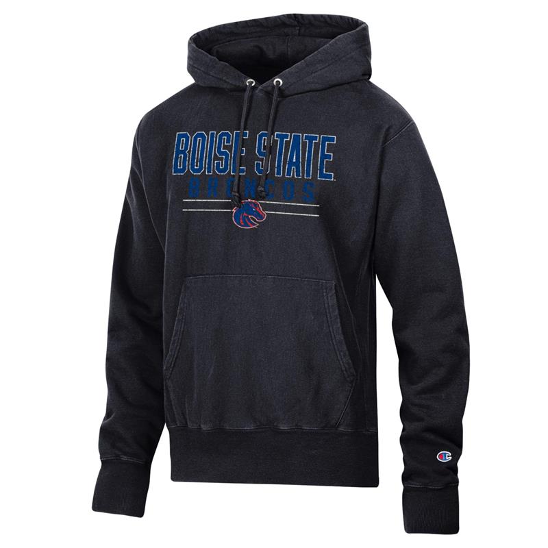 Boise State Black Hoodie - Logo Between Stripes by Champion (SKU 13440381524) Boise State Black Hoodie - Logo Between Stripes by Champion - main view