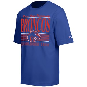 Boise State T-Shirt - Script Over Broncos Logo in Stripes by Champion - main view