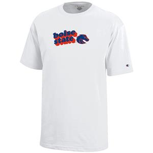 Boise State White Youth Girls T-Shirt - Retro Shadow Wordmark Over Logo by Champion