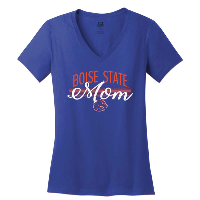 Boise State Women’s V-Neck Tee, Mom Script on Lines over Logo by CI Sport, Royal Blue (SKU 13442934525) Boise State Women’s V-Neck Tee, Mom Script on Lines over Logo by CI Sport, Royal Blue - main view
