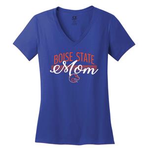Boise State Women’s V-Neck Tee, Mom Script on Lines over Logo by CI Sport, Royal Blue