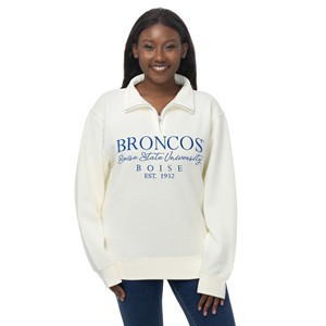 Boise State Women’s Quarter Zip Sweatshirt - Broncos Script Full Length by ZooZatz -  cream